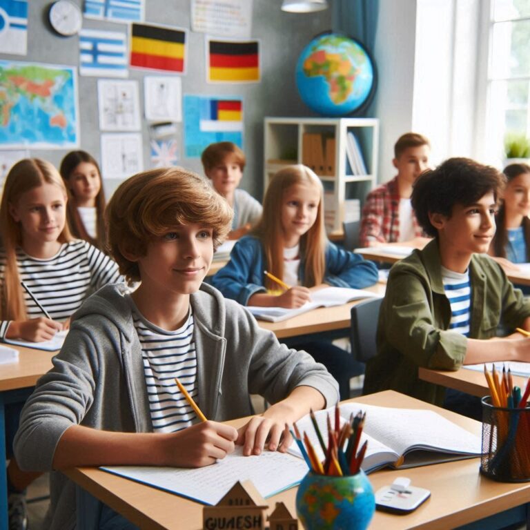 Grupa dzieci w klasie uczy się języka niemieckiego.