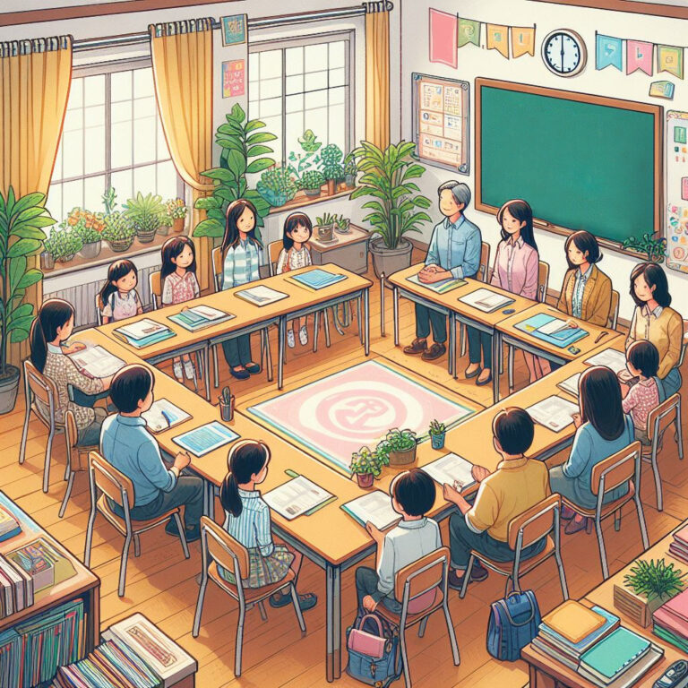 Obraz przedstawia rodziców i uczniów na spotkaniu w szkole